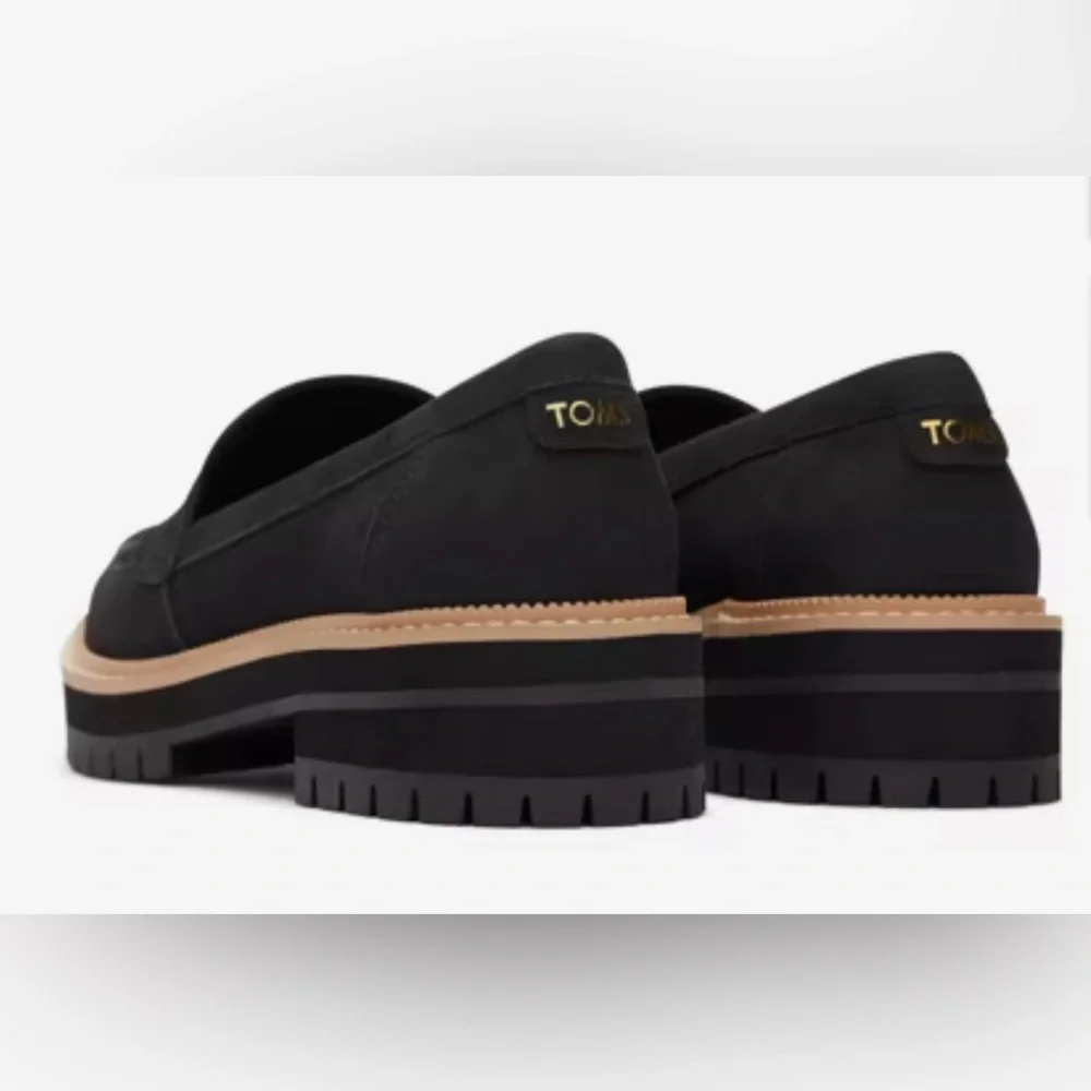 TOMS Cara Penny Loafer Lug Sole Black Leather Platform Slip On Comfy Women’s 10 - Picture 4 of 13